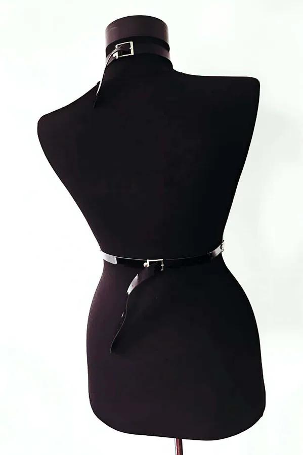 siyah suni deri body harness yaka ve gümüş perçinli çapraz bel bandı 4 jartiyer askısı