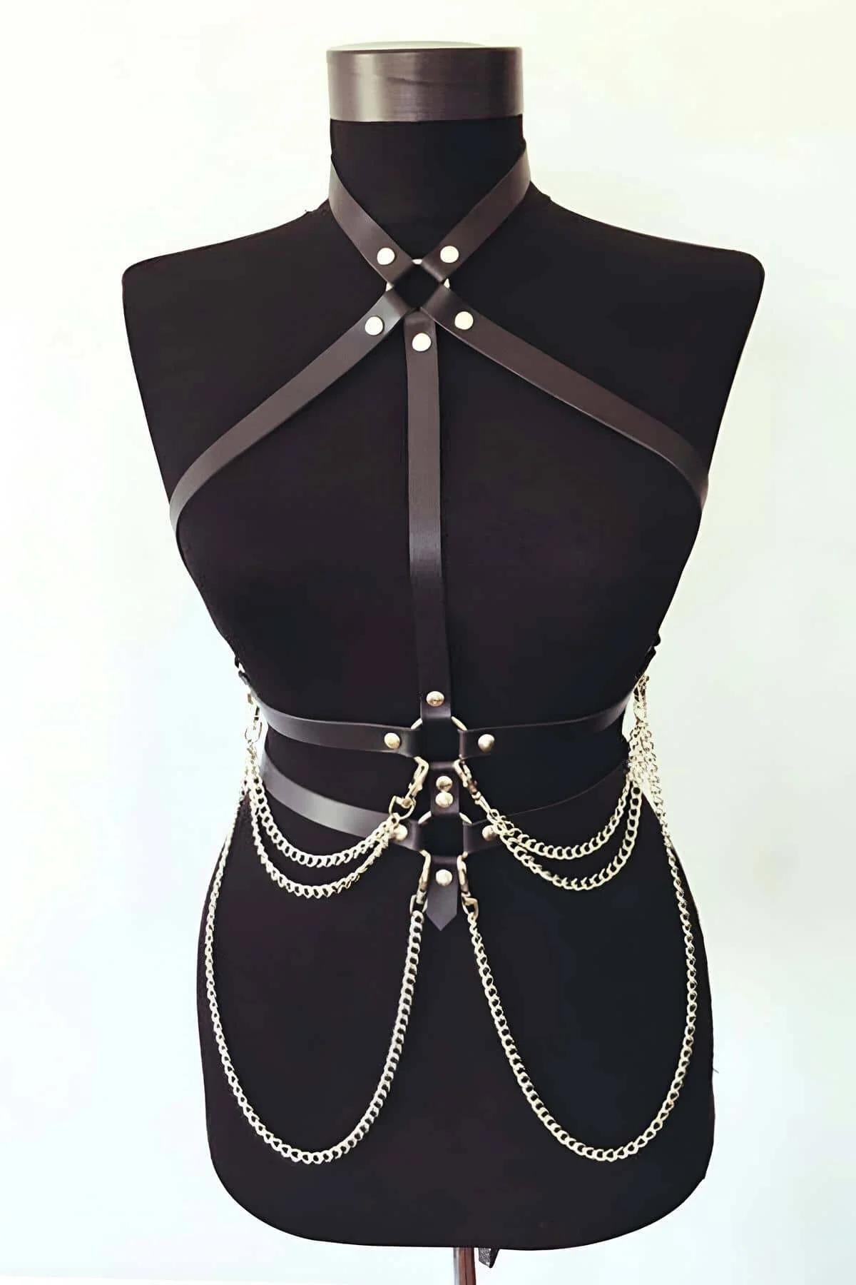 Siyah suni deri göğüs harness altın zincir sarkık detay gümüş perçin S/M-4XL/5XL
