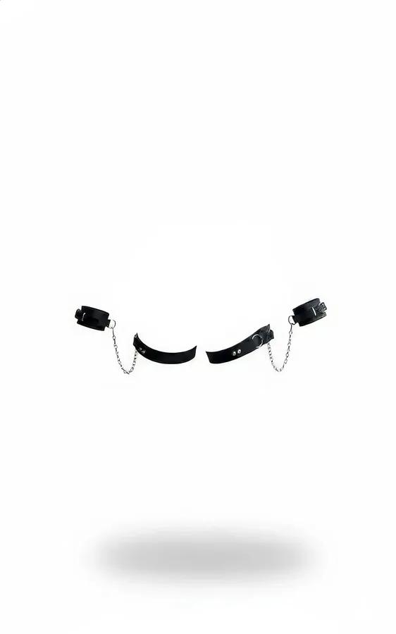 siyah vegan deri harness takım zincirli manşet seti gümüş metal toka detaylı