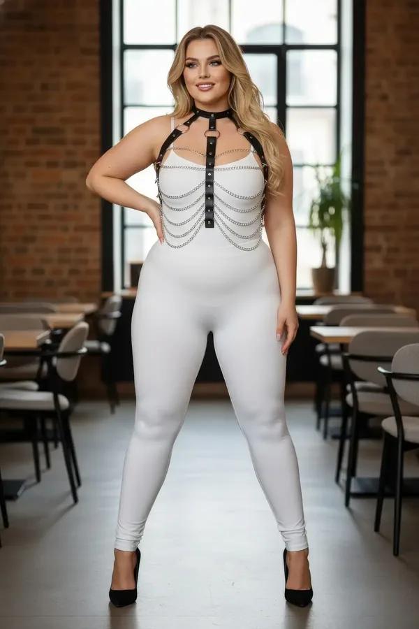 büyük beden siyah vegan deri göğüs harness 5 sıra gümüş zincir detaylı aksesuar
