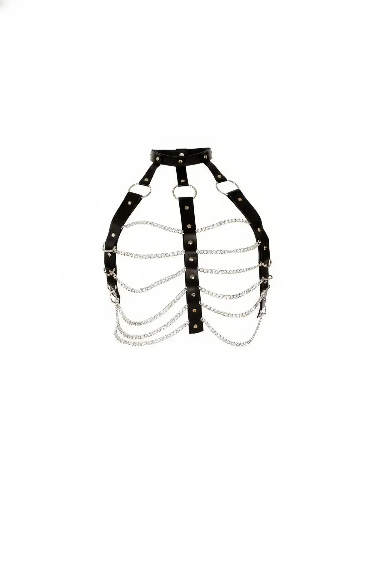 siyah suni deri zincir detaylı vücut harness aksesuarı gümüş 5 sıra metal zincir kafes görünüm