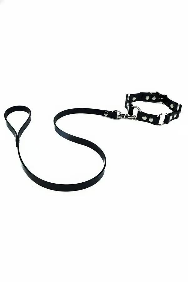 siyah vegan deri zımbalı choker metal D-halkalı boyunluk gümüş lobster clasp ve 120 cm tasma askısıyla