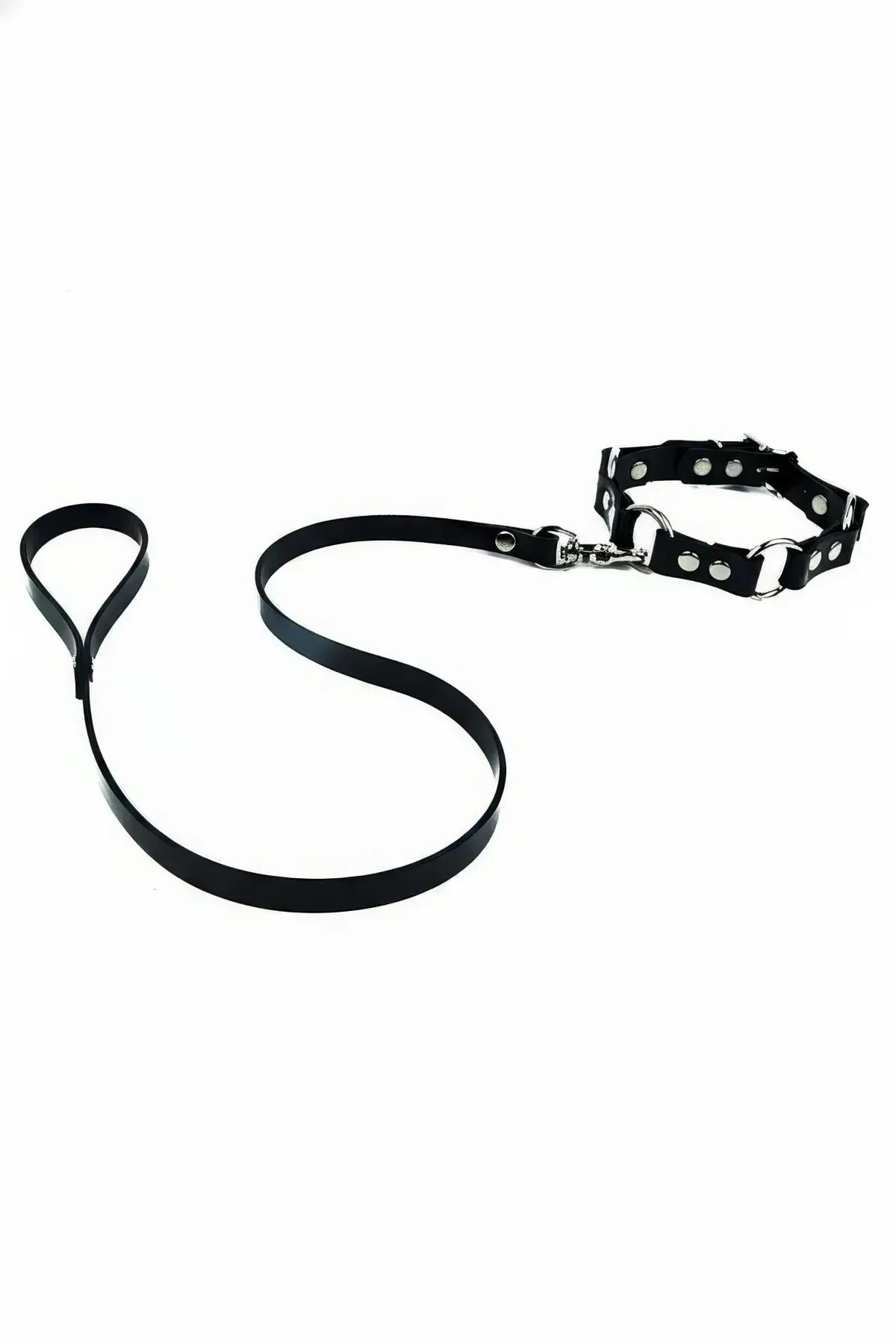 siyah vegan deri zımbalı choker metal D-halkalı boyunluk gümüş lobster clasp ve 120 cm tasma askısıyla