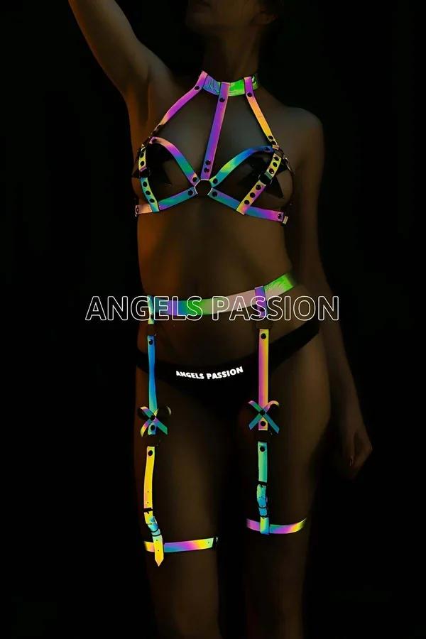reflektörlü harness jartiyer takım gökkuşağı renkli pembe yeşil sarı mavi yansıtıcı bantlar metal O-ring toka