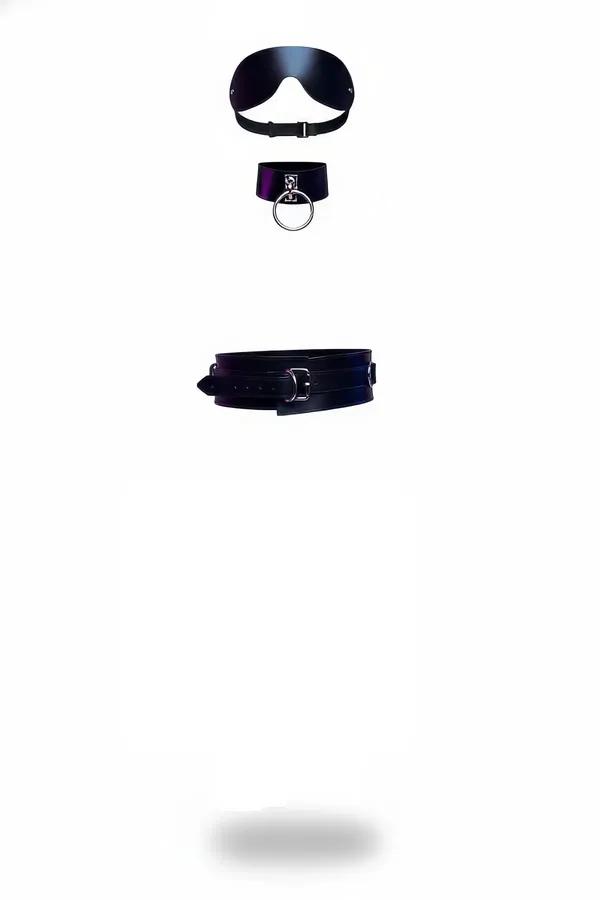 siyah faux leather harness takımı gümüş tokalı geniş bel kemeri boyunluk ve göz bandı 3 parça set