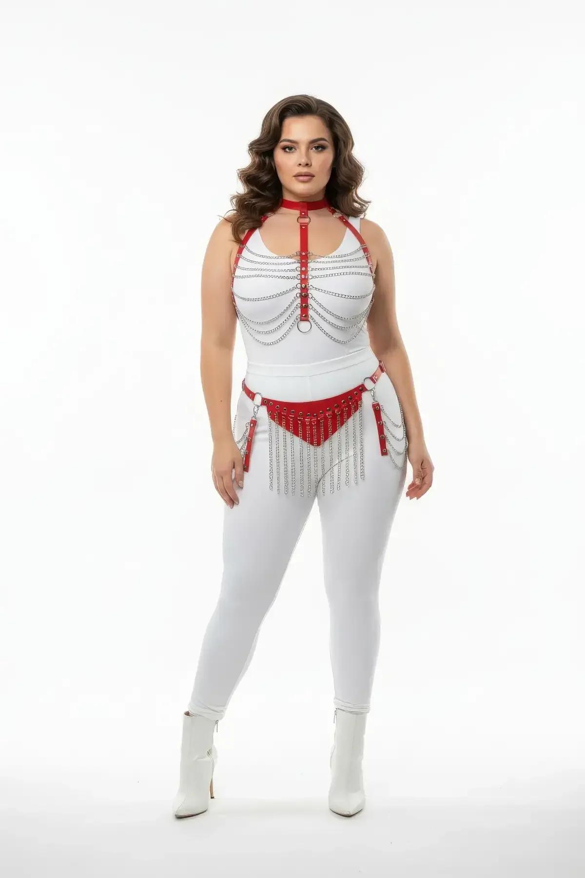 red faux leather harness set with silver chain fringe — choker, chest harness with draped chains and O-ring, studded waist be