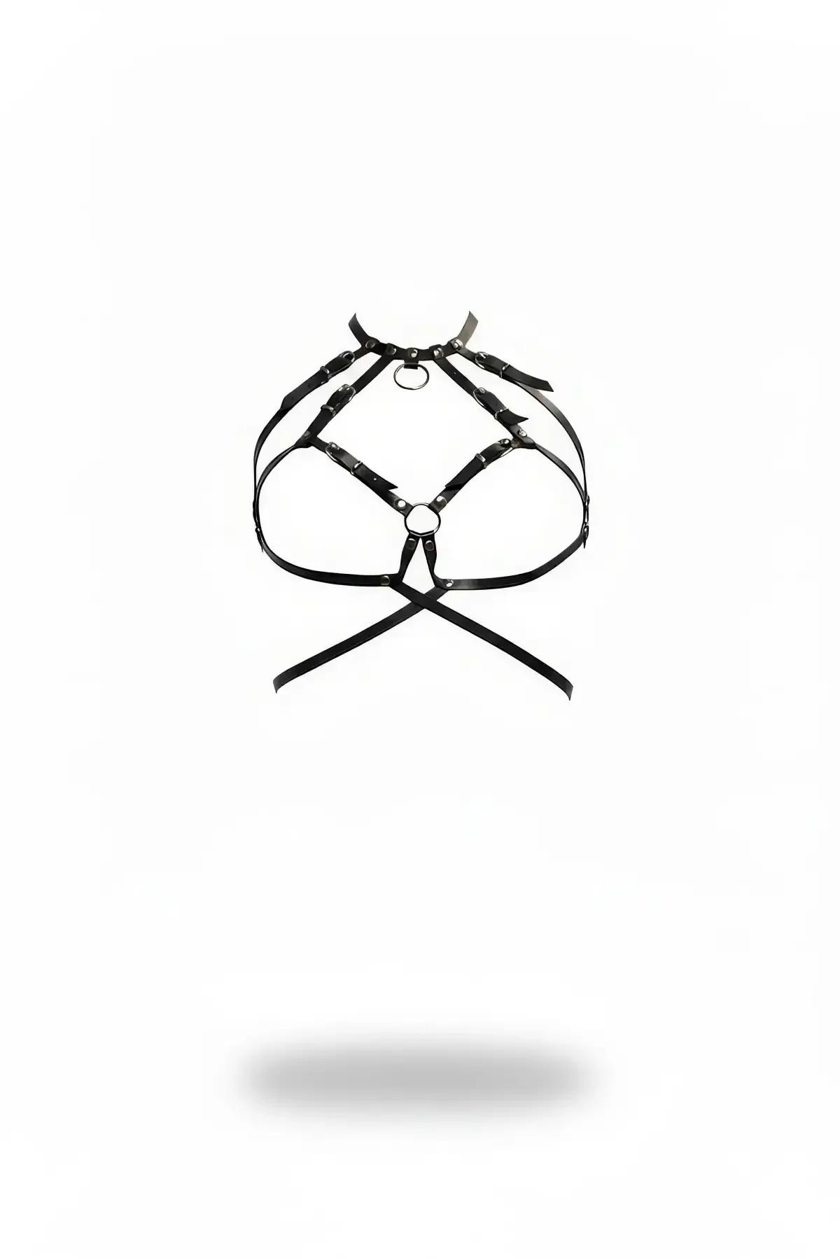 siyah vegan deri çok bantlı vücut harness gümüş O-ring ve ayarlanabilir metal tokalar