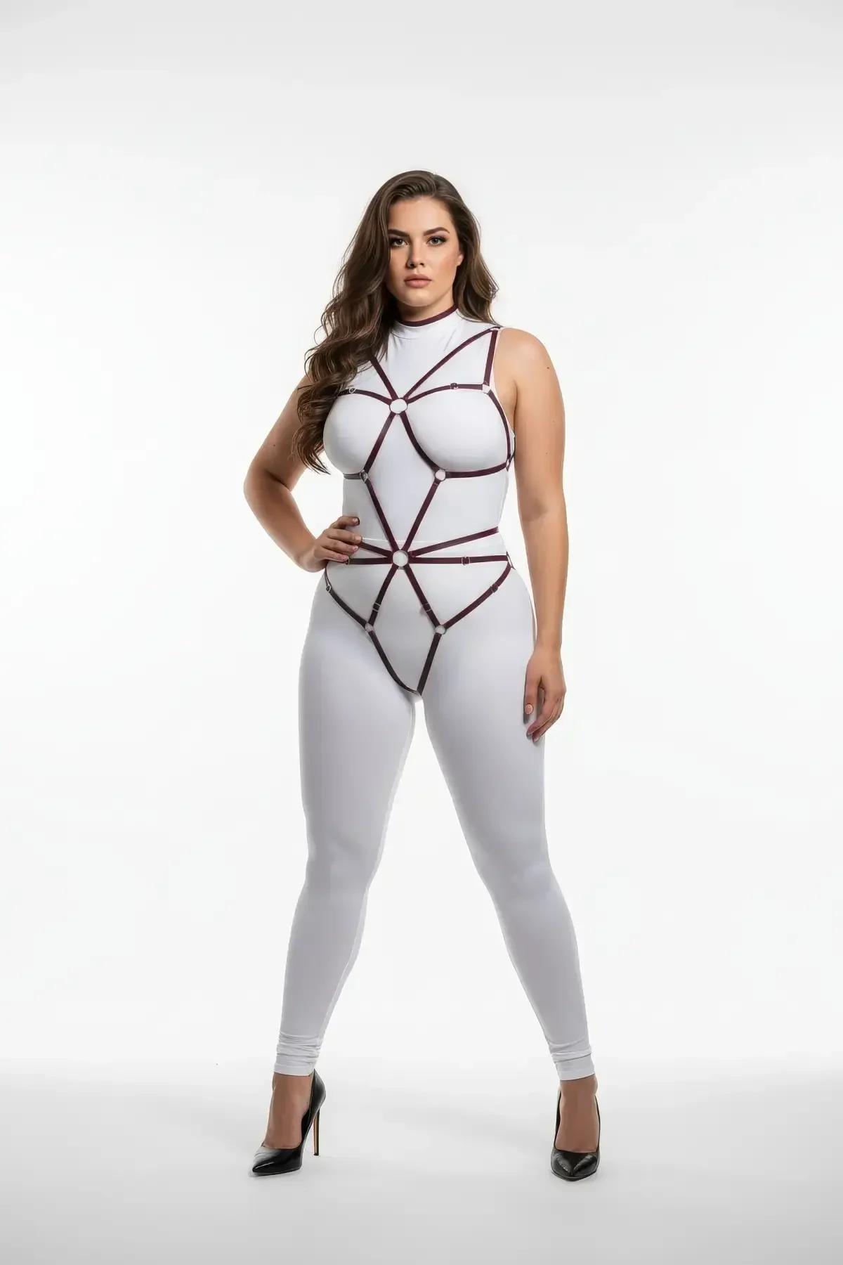 geometric ring full body harness burgundy faux leather straps with white O-ring junctions front view