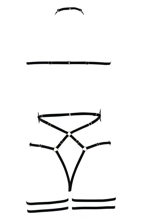 Siyah elastik lastik vücut harness geometrik çapraz bantlar ve altın O-halkalar tam vücut görünümü
