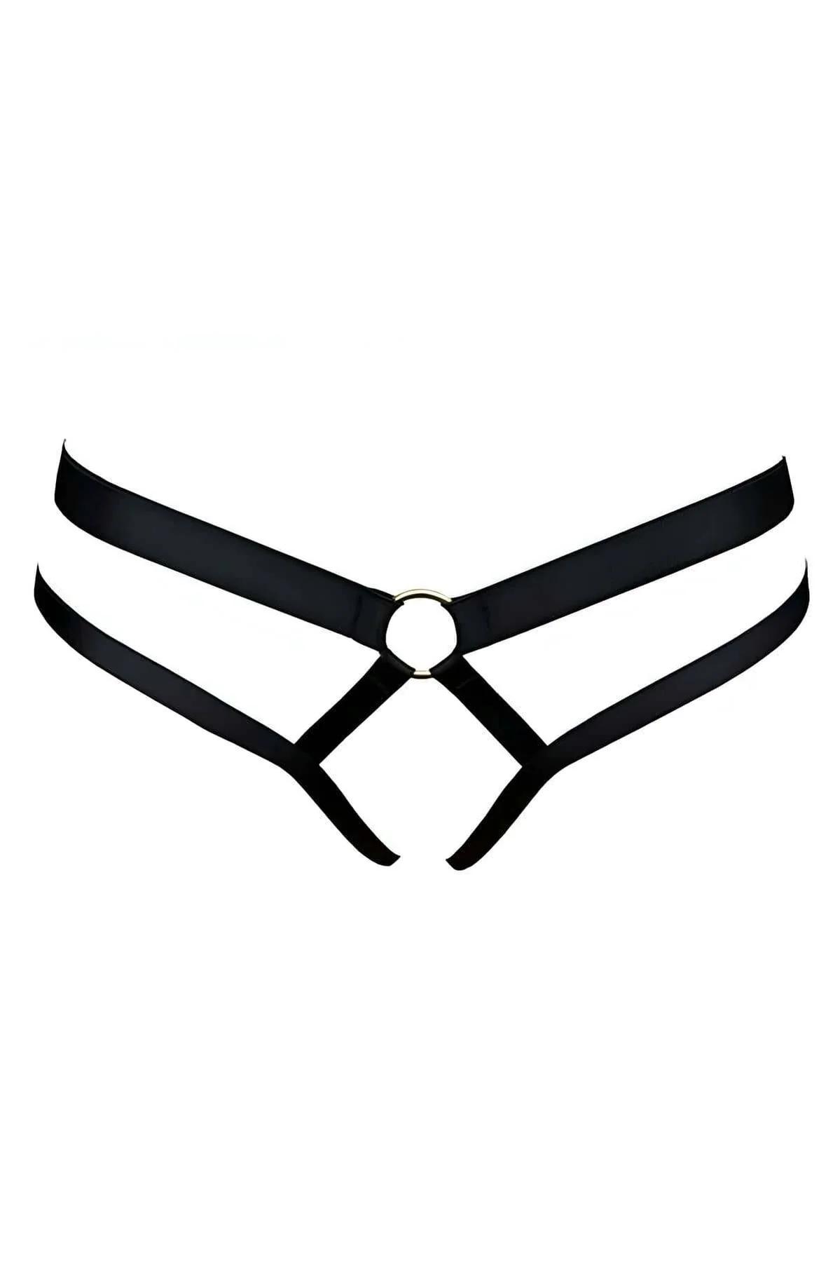 Siyah lastik harness string özel bölgesi açık kesim altın O-halka detayı önden görünüm