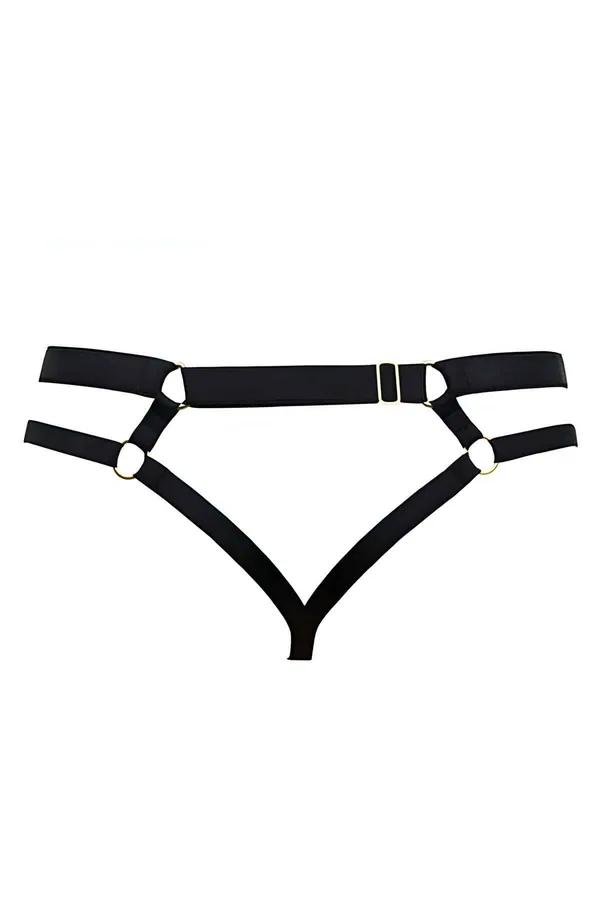 Siyah lastik harness string özel bölgesi açık kesim altın O-halka detayı önden görünüm
