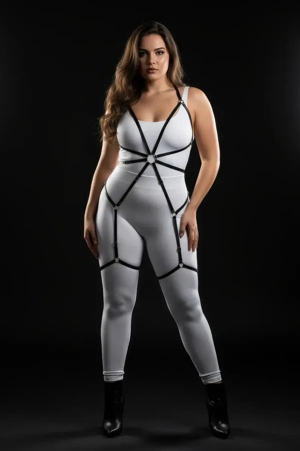büyük beden siyah elastik harness gümüş O-ring ve çift jartiyerli tam vücut aksesuar beyaz bodysuit üzerinde