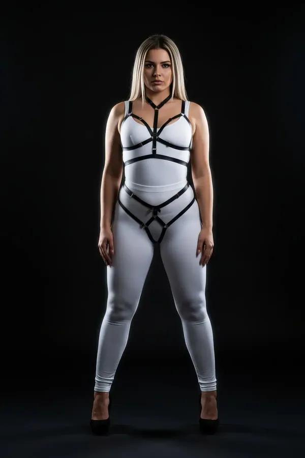 Büyük beden siyah lastik harness takım halka detaylı, göğüs ve bel harness iki parçalı set