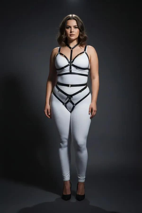 Büyük beden siyah lastik harness takım halka detaylı, göğüs ve bel harness iki parçalı set