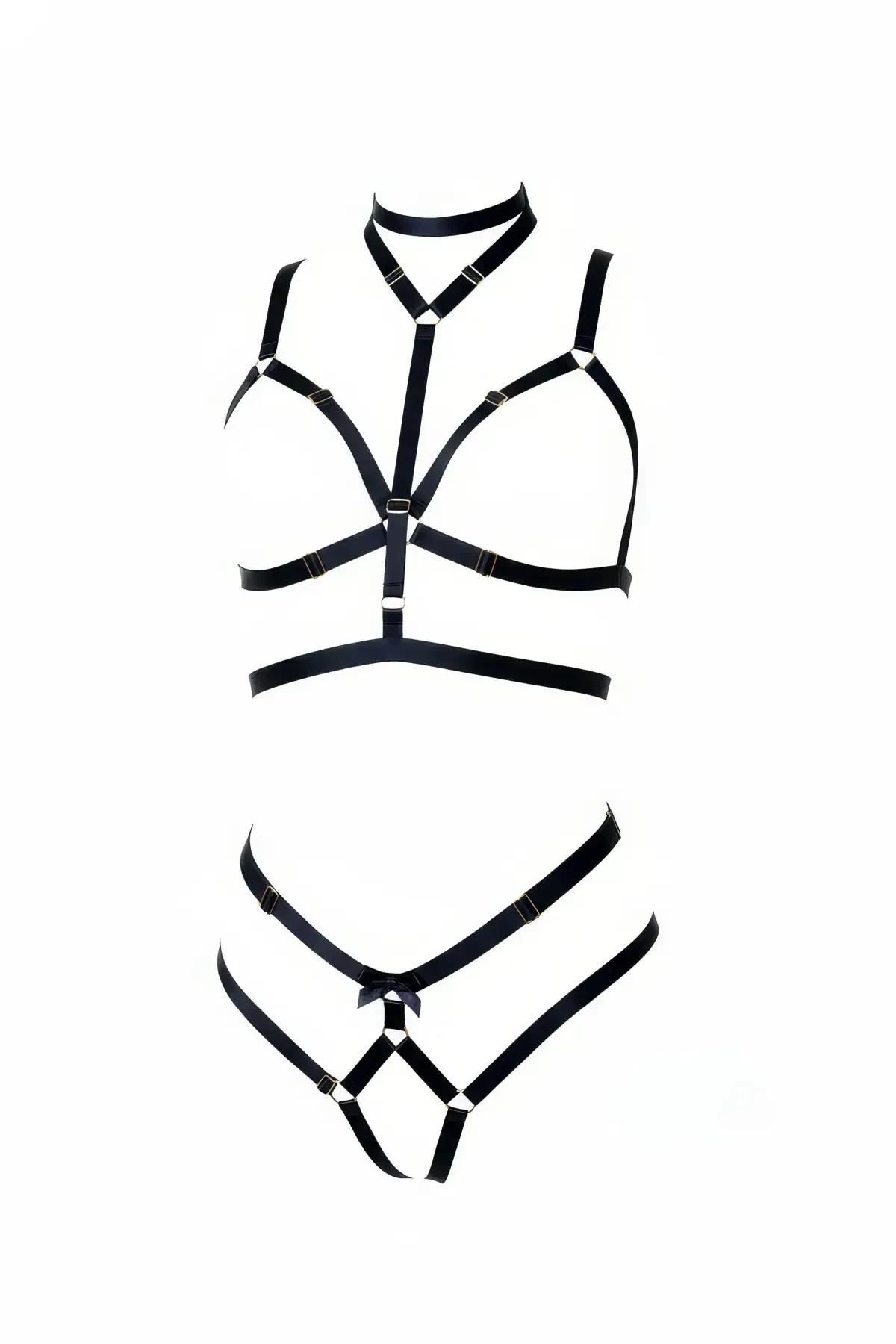 siyah elastik harness takım choker detaylı bralet ve külot seti gold toka aksan iki parça