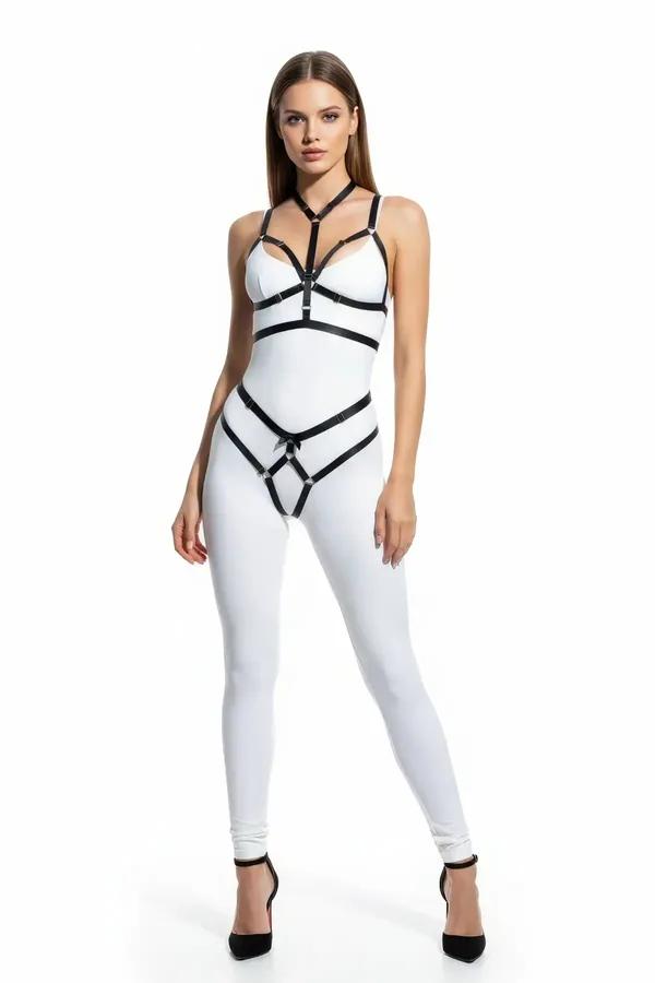 siyah vegan deri bantlı vücut harness takımı gümüş toka geometrik kafes göğüs bel aksesuar