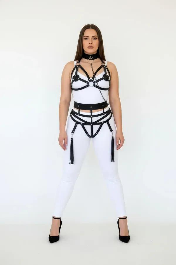 büyük beden siyah vegan deri harness takım gümüş O-ring zincir detaylı dört parçalı set