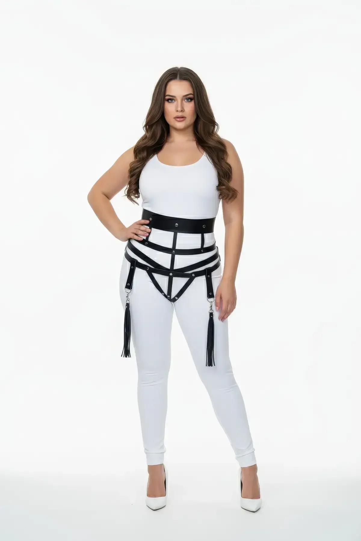 black faux leather wide strap cage harness with detachable tassel leg garters and silver O-ring hardware