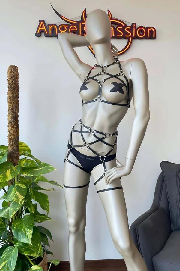 siyah vegan deri büstiyer jartiyer harness takımı gümüş metal halka ve perçin detaylı S/M-4XL-5XL beden seçeneği