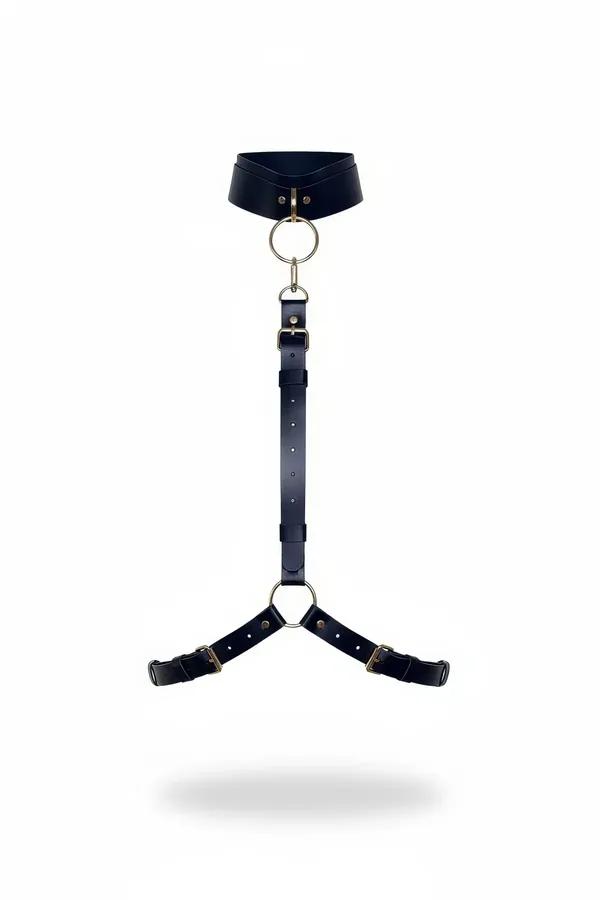 siyah vegan deri choker vücut harness altın O halka ve V bel bandı detayı
