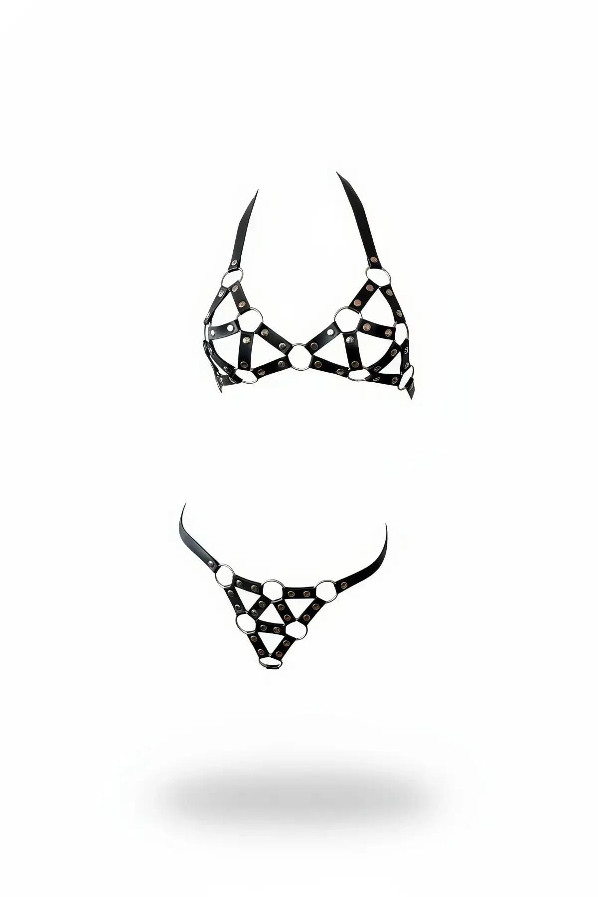 siyah vegan deri harness takım gümüş metal O-halka zımba detaylı üst ve alt set geometrik şerit