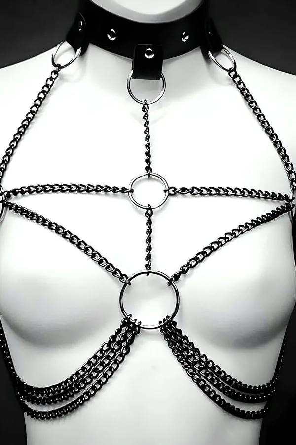 Altın zincirli suni deri göğüs harness siyah boyun tasmalı, O-ring merkezi, S/M-4XL