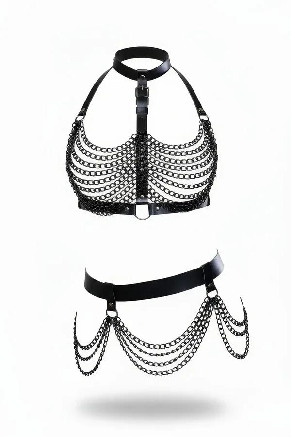 siyah vegan deri zincirli vücut takımı iki parçalı harness set göğüs ve bel bandı