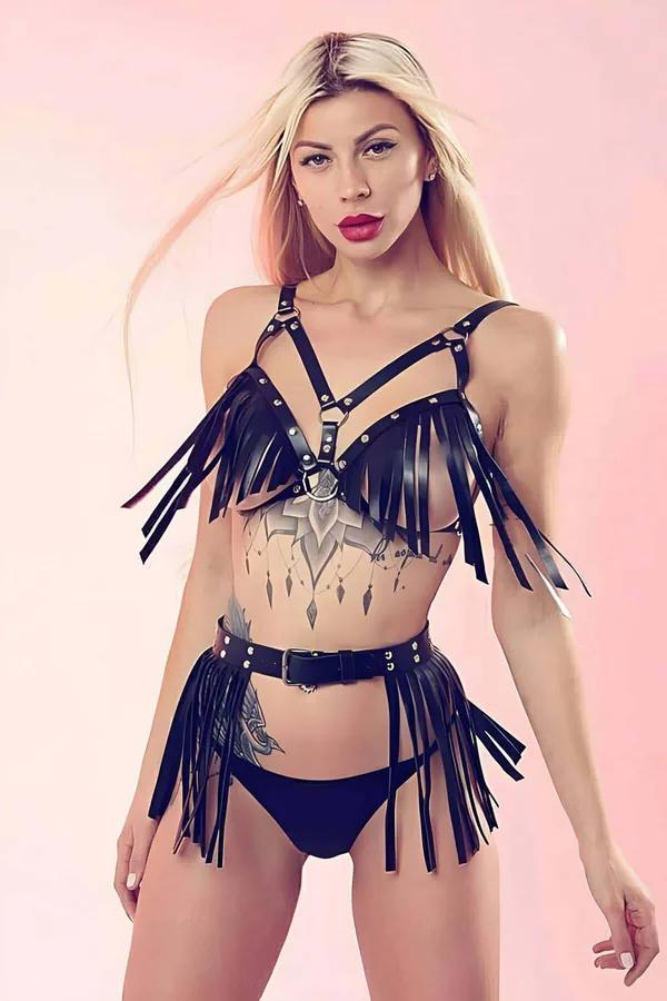 siyah suni deri püsküllü fantazi harness takım üst ve bel kemeri gümüş O-ring detaylı