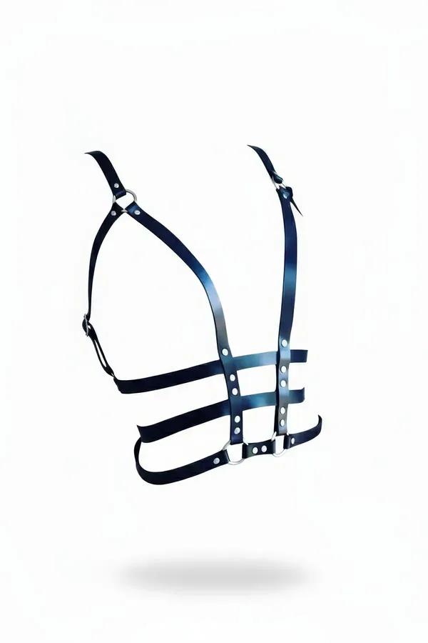 siyah vegan deri çok bantlı vücut harness kemeri gümüş O-halka ve perçin detaylarıyla