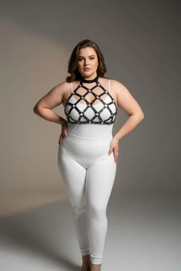 büyük beden siyah vegan deri kafes göğüs harness altın halka detaylı choker bantlı plus size model üzerinde