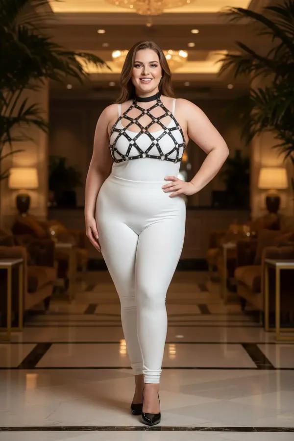 büyük beden siyah vegan deri kafes göğüs harness altın halka detaylı choker bantlı plus size model üzerinde