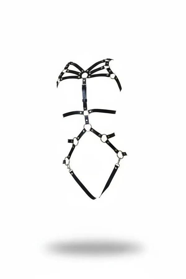 siyah faux leather body harness gümüş O-halkalı göğüs kafesi bel ve bacak çerçeveli tam vücut tasarım