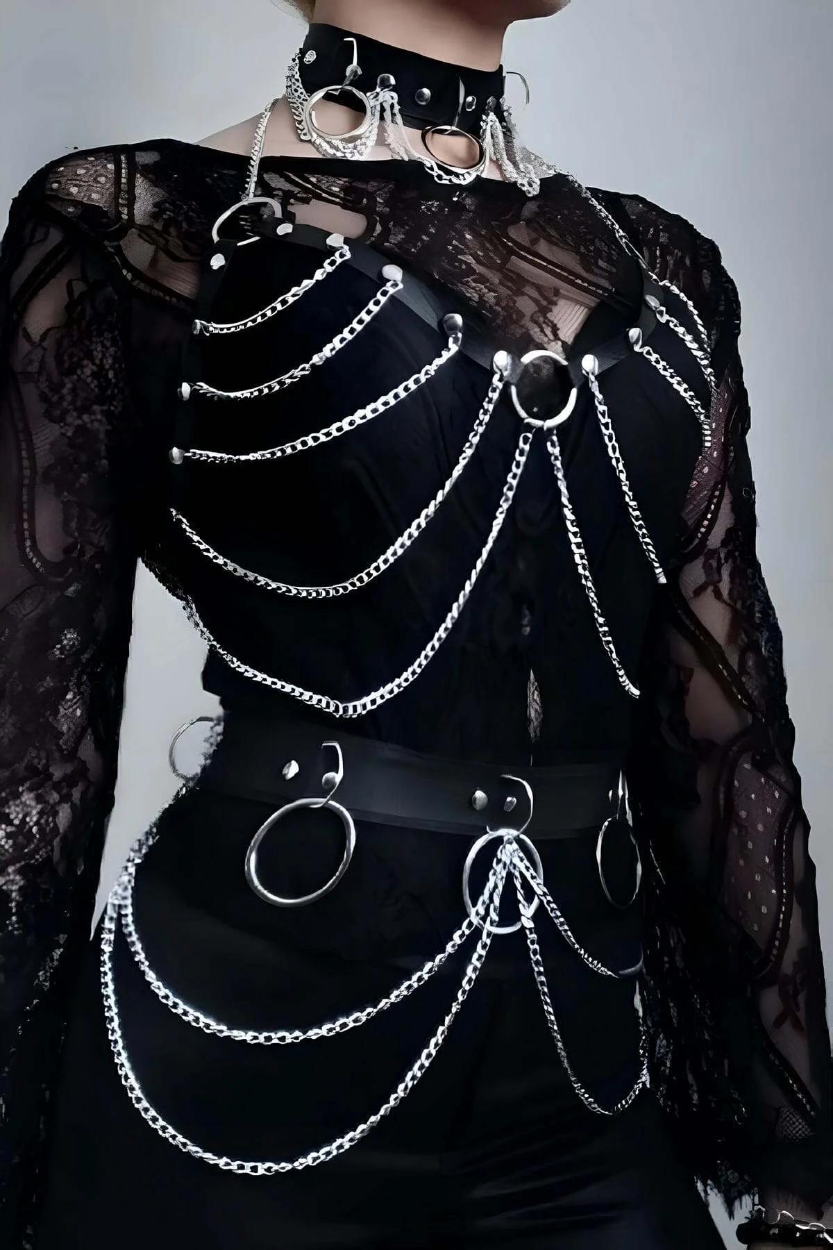 black faux leather body harness silver chain O-ring gothic style chest waist collar set