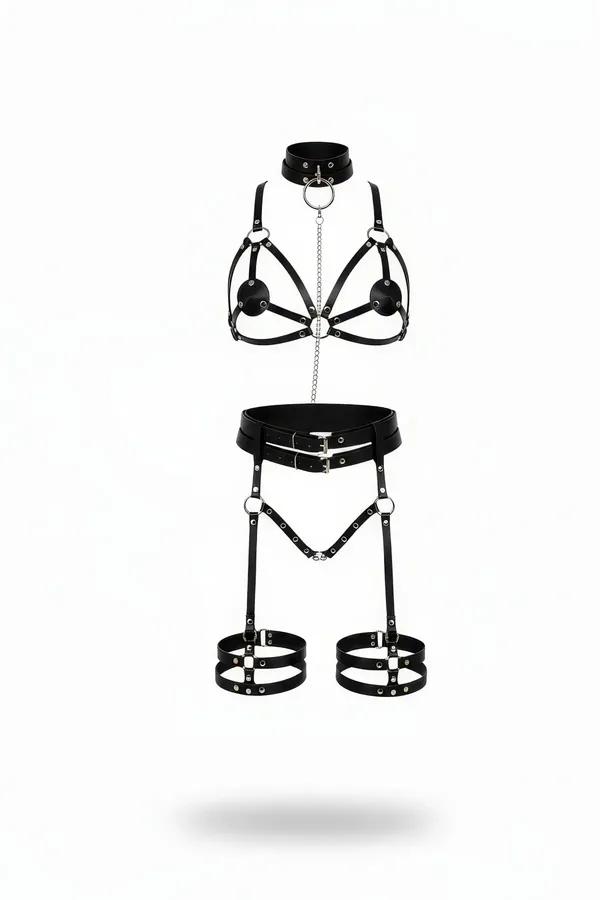 Siyah vegan deri harness takım boyunluk zincir üst harness ve çift bantlı bacak halkası gümüş metal halka detaylı