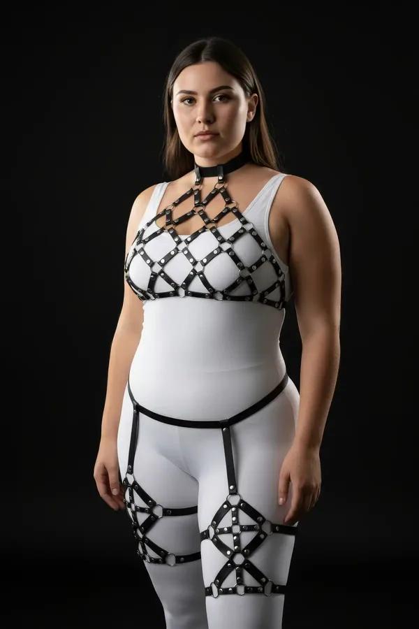 büyük beden siyah suni deri full body harness takım gümüş halka ve perçin detaylı elmas kafes jartiyerli
