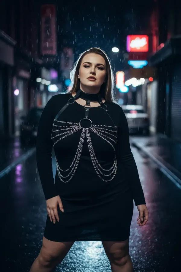 Black faux leather chain body harness with choker collar and cascading silver O-ring chains worn over black dress