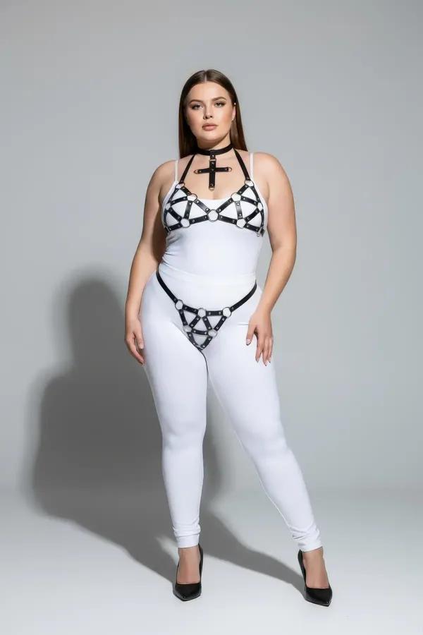 büyük beden siyah vegan deri harness takım gümüş O-halka detaylı göğüs ve bel parçası geometrik tasarım