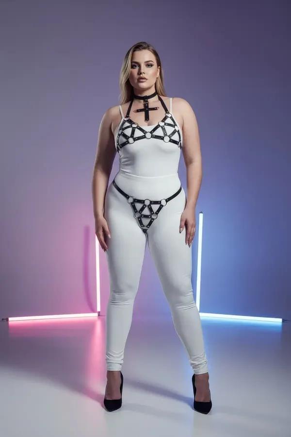büyük beden siyah vegan deri harness takım gümüş O-halka detaylı göğüs ve bel parçası geometrik tasarım