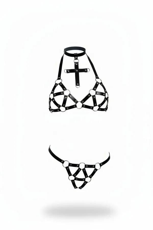 Siyah vegan deri harness takım haç detaylı choker yakalı gümüş O-halkalı 2 parça set