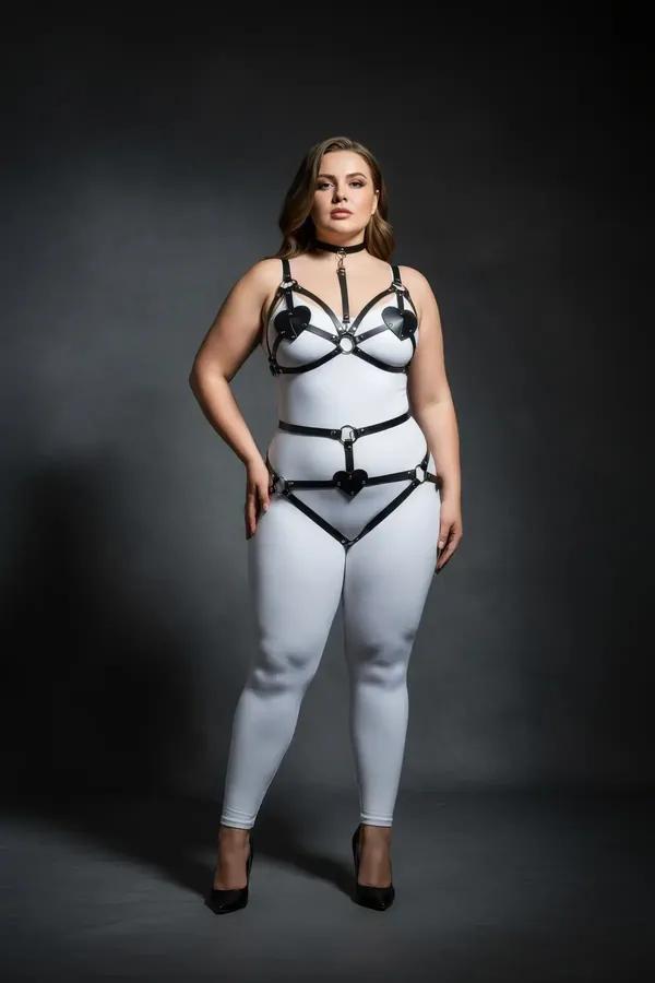 büyük beden siyah vegan deri harness takım kalp detaylı gümüş O-ring tokalı üst ve bel bandı seti