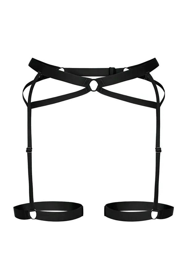 siyah elastik belden çapraz bağlı harness choker boyun bandı ve uyluk jartiyer detayıyla
