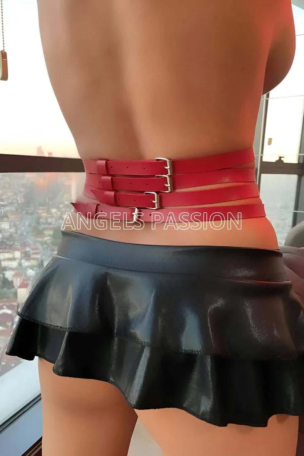 kırmızı suni deri geniş bel kemeri üç şeritli altın O-halka aksesuar