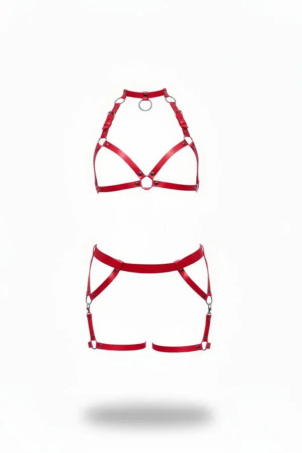 kırmızı vegan deri harness takım gümüş O-halka detaylı üst gövde bra ve bacak çerçeve seti