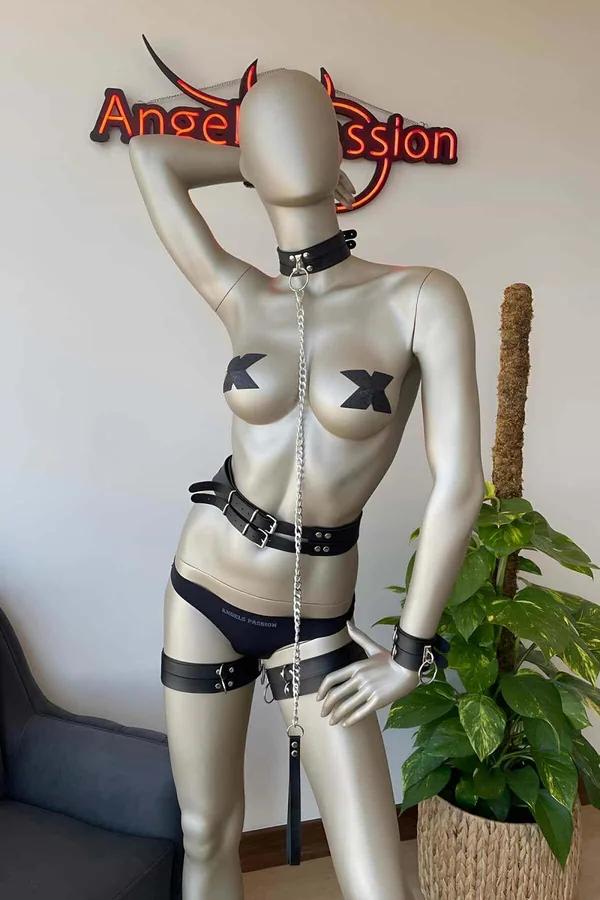 siyah vegan deri korse bant ve tasma bileklik uyluk bantlı harness takım gümüş metal toka