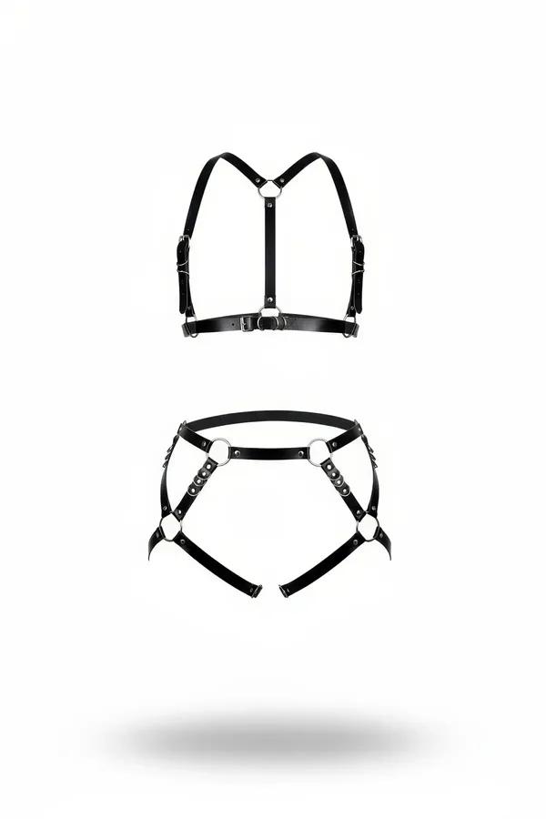 siyah vegan deri harness takım gümüş O-halka Y-askılı göğüs ve kalça parçası komple set