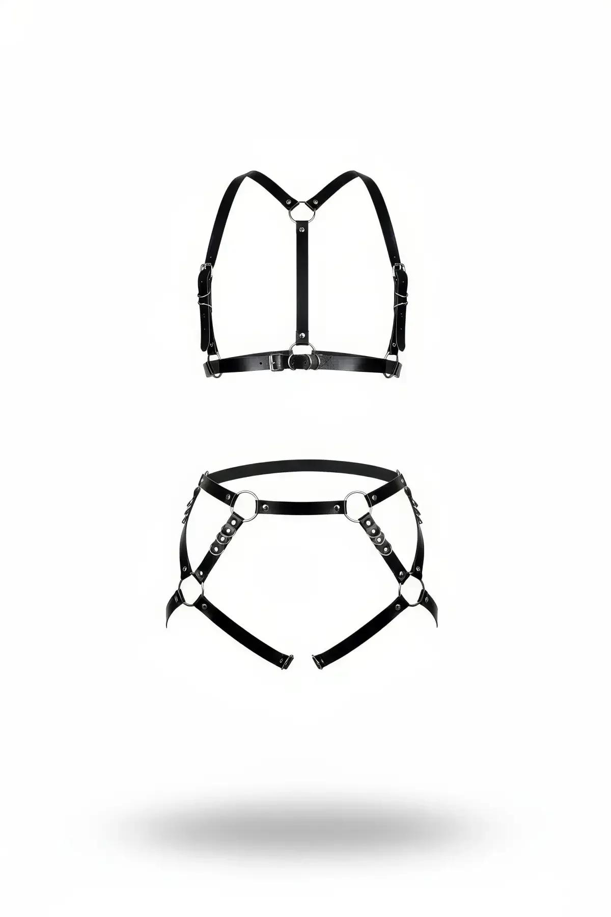 siyah vegan deri harness takım gümüş O-halka Y-askılı göğüs ve kalça parçası komple set