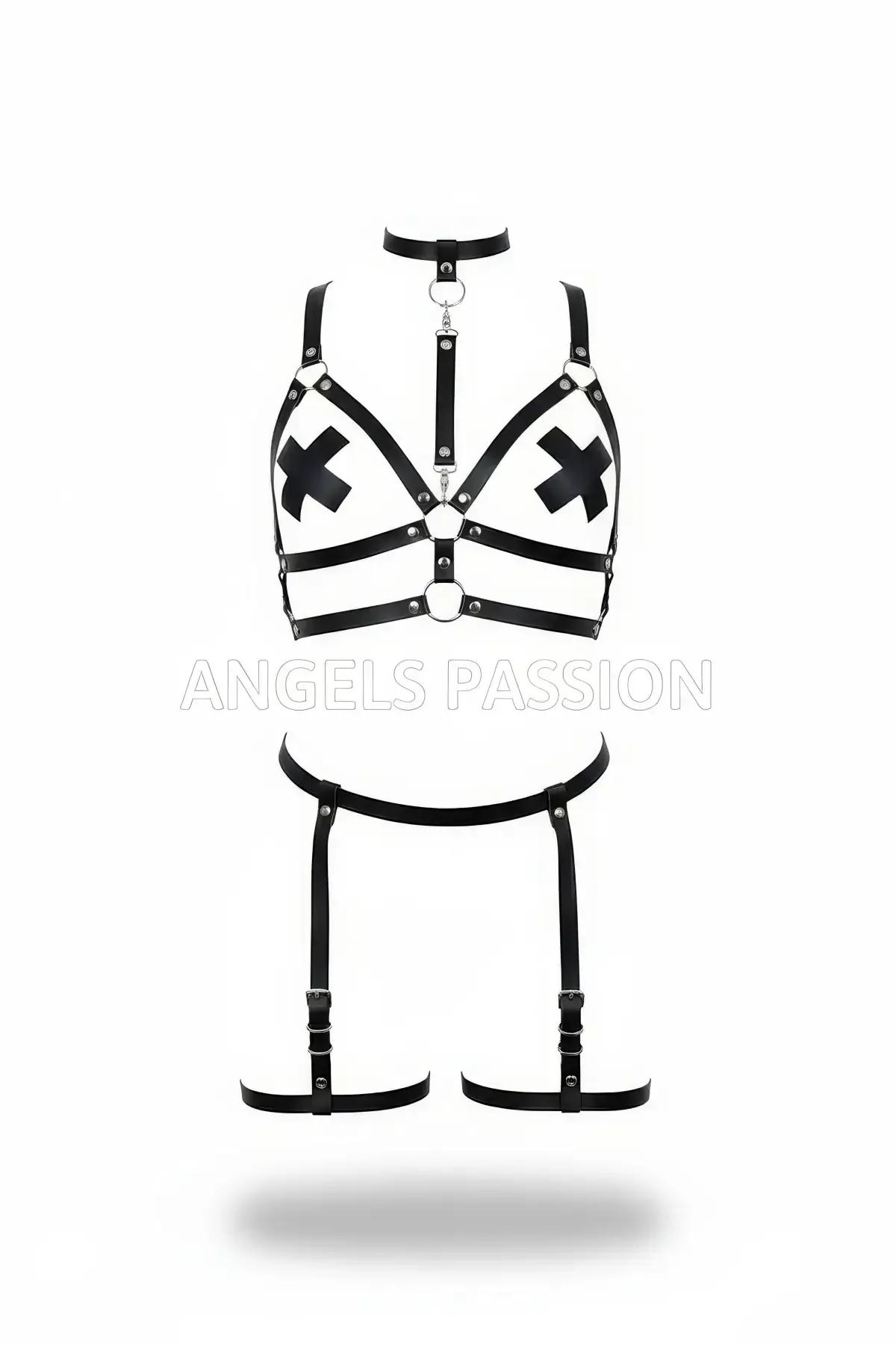 Siyah vegan deri harness takım çapraz X panelli gümüş O-halkalı jartiyerli 4 parça set
