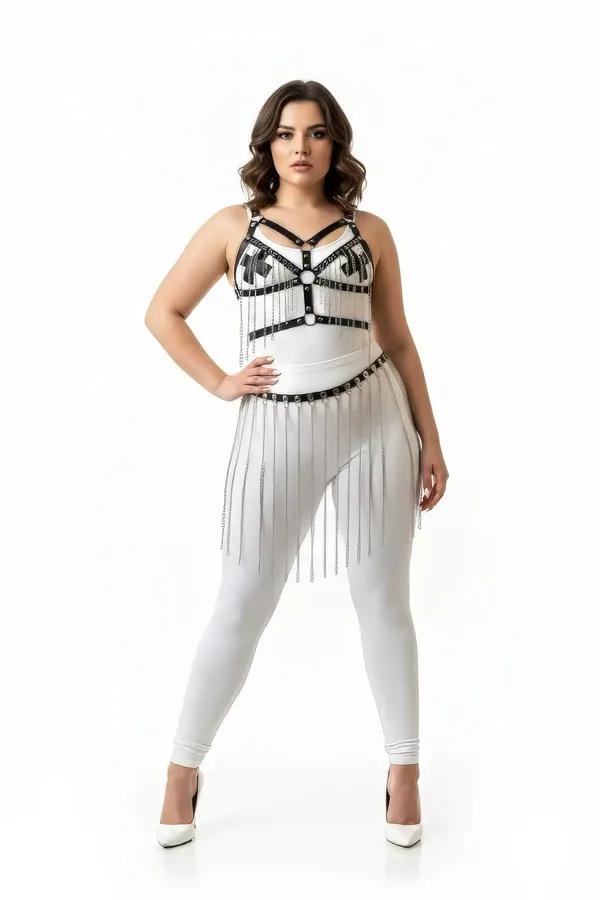 black faux leather body harness with silver O-rings and white waistband silver chain fringe skirt set front view plus size mo