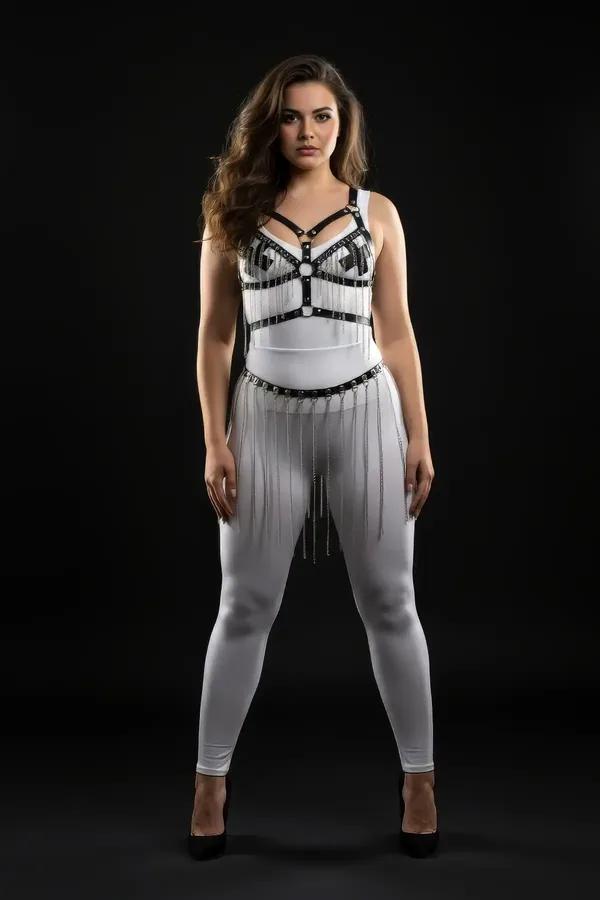 black faux leather body harness with silver O-rings and white waistband silver chain fringe skirt set front view plus size mo