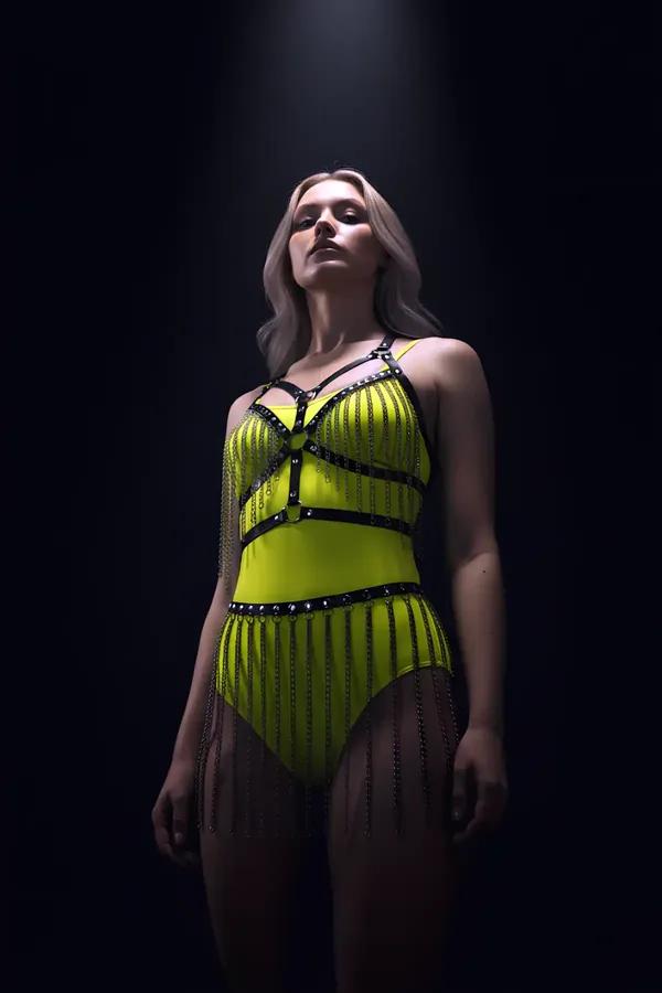 neon sarı zincirli harness takım siyah suni deri bantlı ve sarkan metal zincirli etek silüeti